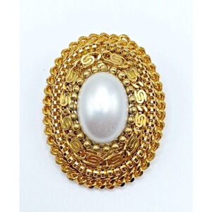 Vintage Gold Tone Faux Pearl Scarf Clip Ornate Classic Dimensional Statement